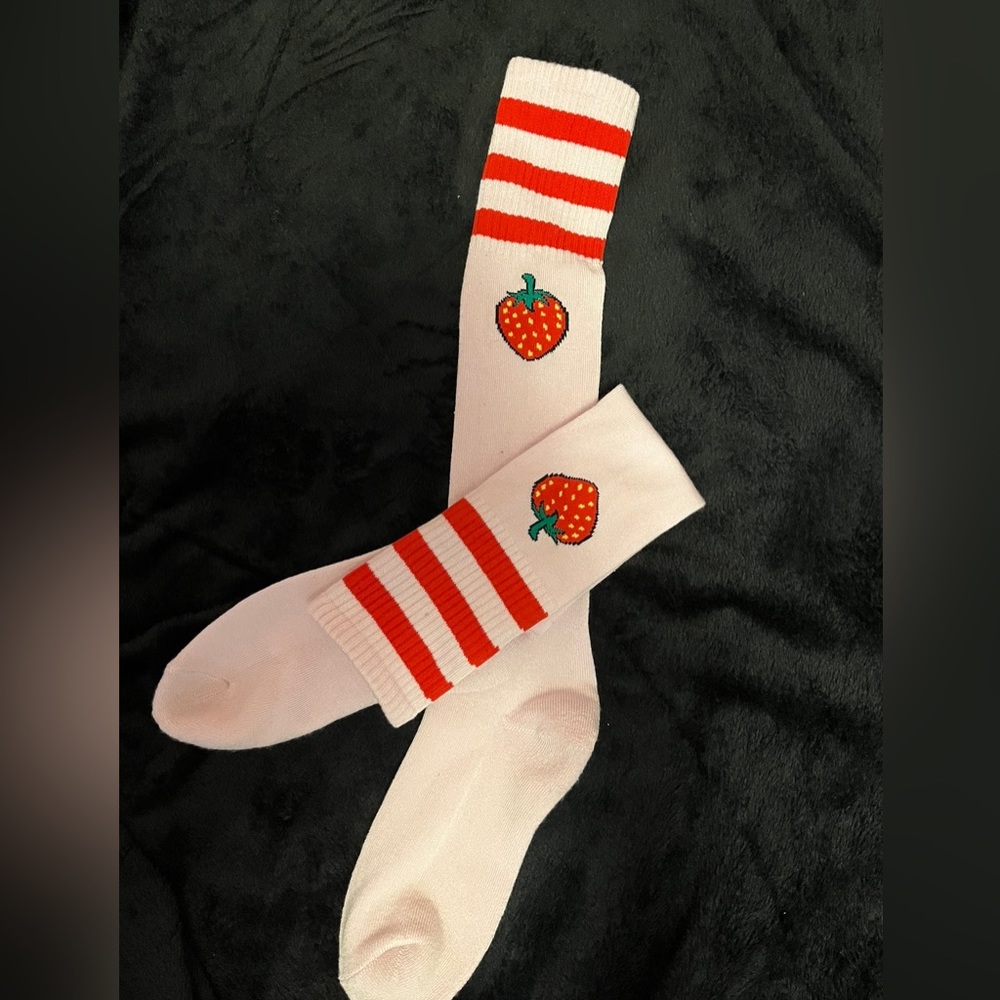 Pink Strawberry Varsity Stripe Knee-High Socks Hot Topic